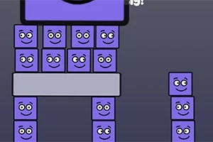 Cuadrados morados con caras sonrientes apilados en una estructura sobre un fondo oscuro