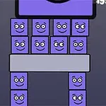 Cuadrados morados con caras sonrientes apilados en una estructura sobre un fondo oscuro