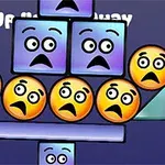 Caras emoji con expresiones de sorpresa combinadas con formas geométricas sobre un fondo azul