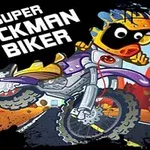 Personaje animado en una motocicleta de acrobacias sobre una carretera en un paisaje desértico