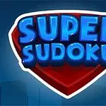 Logo de Super Sudoku en letras azules sobre un fondo con forma de escudo rojo