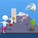 Personajes de estilo caricaturesco en un ambiente minimalista donde uno lanza a otro mientras un objeto flota en el aire