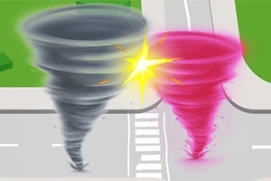 Dos tornados, uno gris y otro rosa, colisionan en una intersección de calles con un destello amarillo