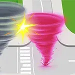 Dos tornados, uno gris y otro rosa, colisionan en una intersección de calles con un destello amarillo