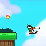 Personaje de videojuego con gorra roja lanza un proyectil a un caracol volador en un escenario de plataformas verdes con un cielo azul
