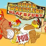Dos luchadores enmascarados mexicanos con trajes coloridos se enfrentan en un combate sobre un tejado, destacando efectos de BAM y POW