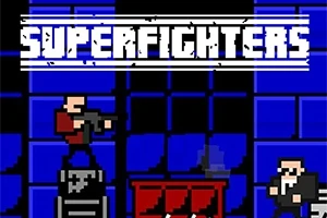 Personajes pixelados con armas en un escenario azul con el título SUPERFIGHTERS arriba