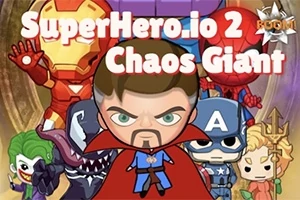 Personajes de estilo caricatura con trajes de superhéroes coloridos en el centro de la imagen, con un fondo dinámico y letras grandes en la parte superior