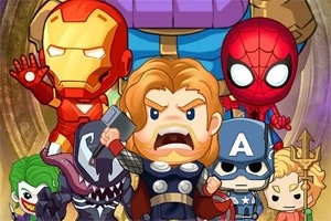 Personajes caricaturizados de superhéroes y villanos con estilo chibi