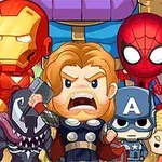 Personajes caricaturizados de superhéroes y villanos con estilo chibi