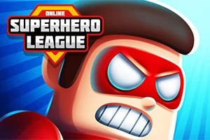 Ilustración de un personaje de cómic con antifaz rojo y expresión decidida, junto a un logotipo que dice Superhero League