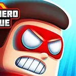 Ilustración de un personaje de cómic con antifaz rojo y expresión decidida, junto a un logotipo que dice Superhero League