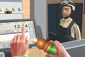 Persona en una tienda utilizando una caja registradora con un cliente vistiendo uniforme en el mostrador
