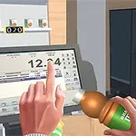 Persona en una tienda utilizando una caja registradora con un cliente vistiendo uniforme en el mostrador
