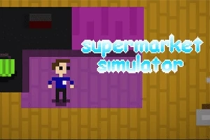 Personaje de estilo pixel art en un entorno colorido con letras grandes que dicen supermarket simulator