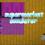 Personaje de estilo pixel art en un entorno colorido con letras grandes que dicen supermarket simulator