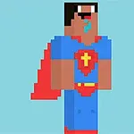 Personaje pixelado con traje de superhéroe azul y rojo, con capa y un emblema amarillo en el pecho, sobre un fondo azul claro