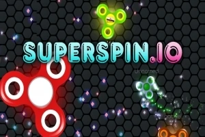 Fidget spinners de varios colores flotan sobre un fondo hexagonal oscuro con el texto SUPERSPIN