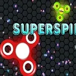 Fidget spinners de varios colores flotan sobre un fondo hexagonal oscuro con el texto SUPERSPIN