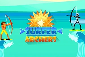 Dos arqueros sobre tablas de surf con un sol y texto colorido en el fondo