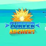 Dos arqueros sobre tablas de surf con un sol y texto colorido en el fondo