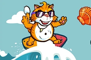 Gato con gafas de sol surfeando una ola en una tabla colorida con una concha al fondo