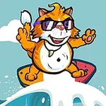 Gato con gafas de sol surfeando una ola en una tabla colorida con una concha al fondo