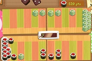 Diversos tipos de sushi alineados sobre una tabla de madera con puntaje en la esquina superior derecha