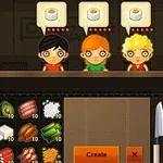 Tres personajes esperan sushi en un mostrador con ingredientes y utensilios de cocina visibles