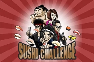 Grupo de personajes con bastones y sushi sobre un fondo rojo con líneas radiantes, acompañado del texto Sushi Challenge
