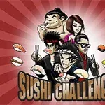 Grupo de personajes con bastones y sushi sobre un fondo rojo con líneas radiantes, acompañado del texto Sushi Challenge