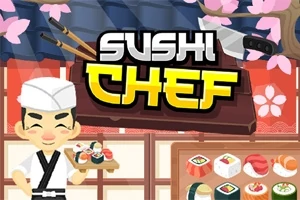 Chef de sushi con bandeja, fondo decorado con cuchillos y sushi variado