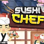 Chef de sushi con bandeja, fondo decorado con cuchillos y sushi variado
