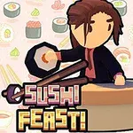 Personaje de estilo animado sosteniendo una sartén sobre una mesa redonda con la palabra Sushi Feast!