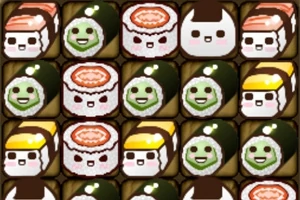 Piezas de sushi con caras sonrientes y expresiones kawaii en una cuadrícula