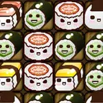 Piezas de sushi con caras sonrientes y expresiones kawaii en una cuadrícula