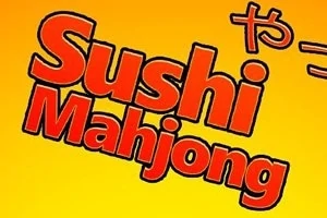 Texto Sushi Mahjong en letras rojas sobre un fondo amarillo con caracteres japoneses