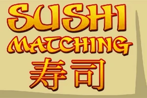 Texto amarillo y rojo que dice Sushi Matching con caracteres japoneses sobre un fondo claro