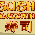 Texto amarillo y rojo que dice Sushi Matching con caracteres japoneses sobre un fondo claro