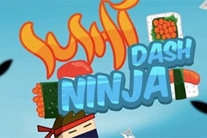 Dibujo de un ninja con cinta roja en la cabeza, rodeado de piezas de sushi y shurikens en un fondo azul, con las palabras Dash Ninja