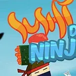 Dibujo de un ninja con cinta roja en la cabeza, rodeado de piezas de sushi y shurikens en un fondo azul, con las palabras Dash Ninja