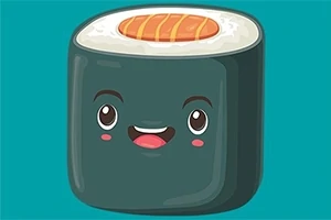 Sushi kawaii con cara sonriente y ojos grandes sobre un fondo azul
