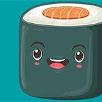 Sushi kawaii con cara sonriente y ojos grandes sobre un fondo azul