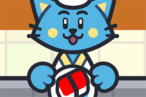 Gato azul caricaturesco con gorro de chef sosteniendo un plato de sushi frente a un fondo de cocina