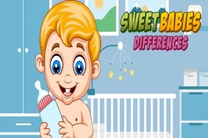 Bebé feliz con cabello rubio sosteniendo un biberón delante de una cuna en una habitación infantil colorida