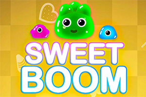 Tres personajes de gelatina de colores rosa, verde y azul sobre un fondo amarillo con un texto grande que dice SWEET BOOM