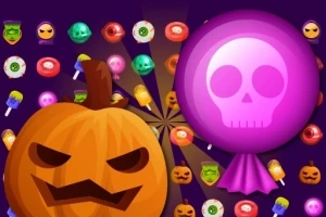 Calabaza tallada y dulces de colores brillantes sobre un fondo oscuro con una piruleta morada de calavera