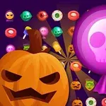 Calabaza tallada y dulces de colores brillantes sobre un fondo oscuro con una piruleta morada de calavera