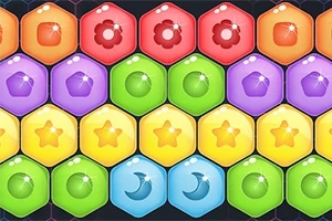 Hexágonos coloridos con símbolos de flores, estrellas y lunas en un patrón repetitivo