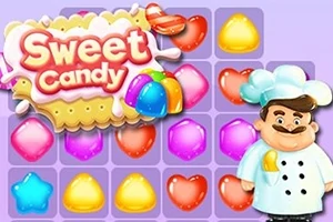 Tablero colorido de caramelos con chef caricaturizado de pie al frente, y un letrero que dice Sweet Candy en la esquina superior izquierda